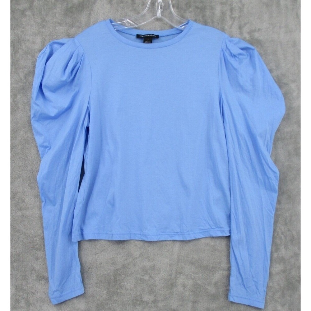 Something Navy Blouse Womens Small Puff Sleeve Pullover Minimalist Stretch Knit